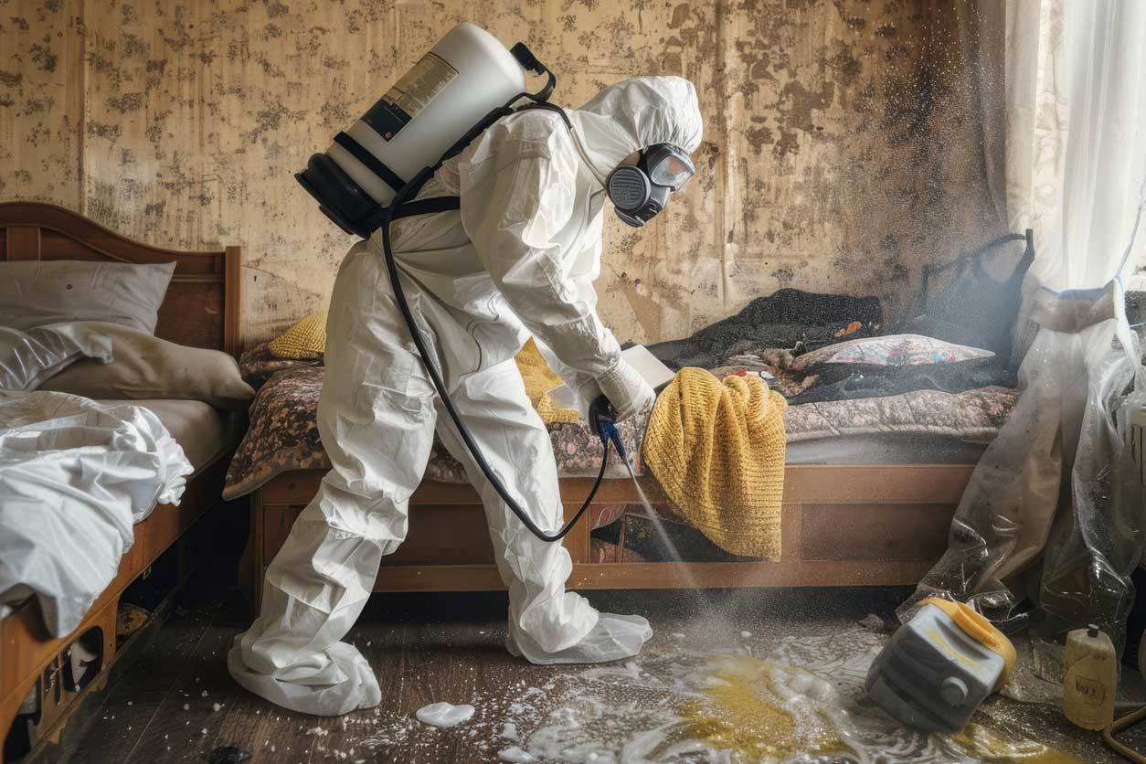 biohazard_2 Biohazard remediation specialist in full hazmat suit and respirator decontaminating fire-damaged bedroom with specialized equipment.