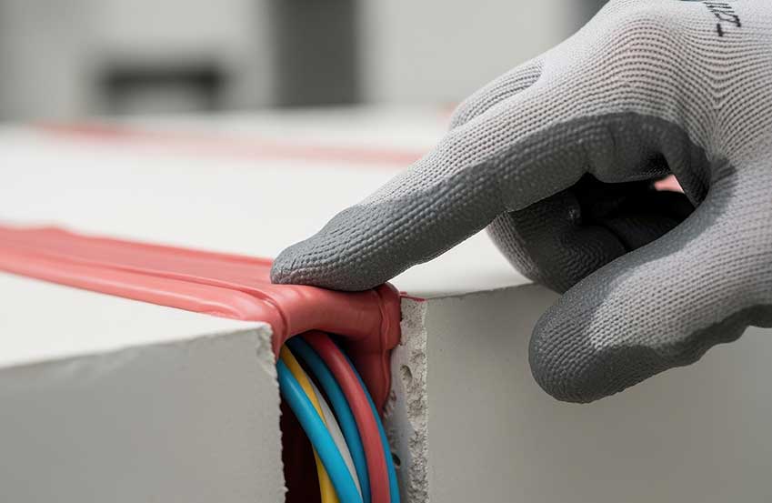Gloved hand checking firestop sealant around electrical cables in a wall opening